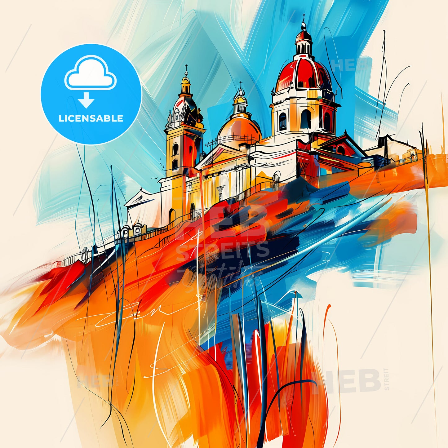 Vibrant Hermosillo, Mexico - A Painting Of A Building With Domes And A Red And Blue Sky