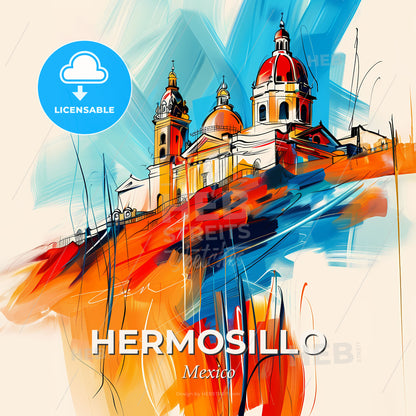 Vibrant Hermosillo, Mexico - A Painting Of A Building With Domes And A Red And Blue Sky - Square format print template