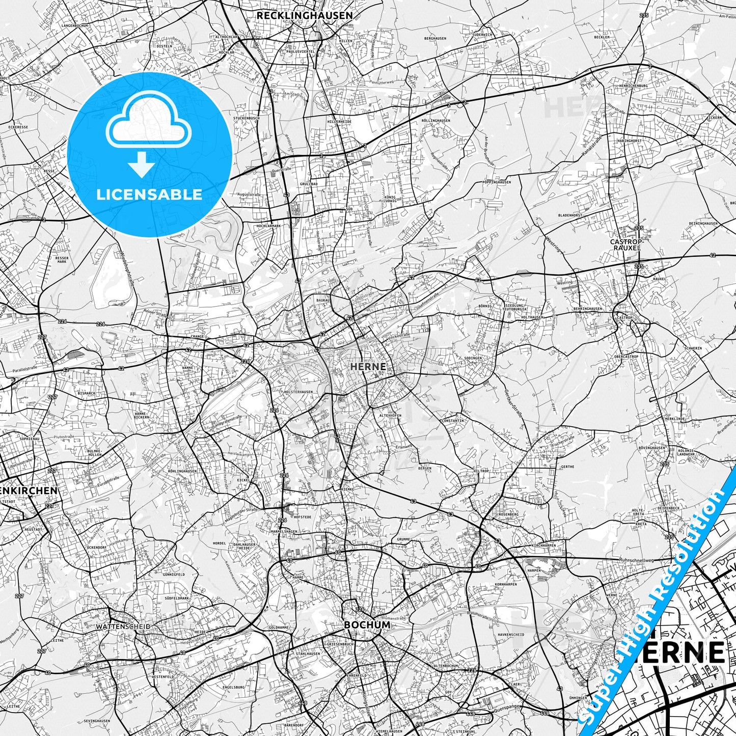 Herne, Germany light map with streetnames, citynames and districts