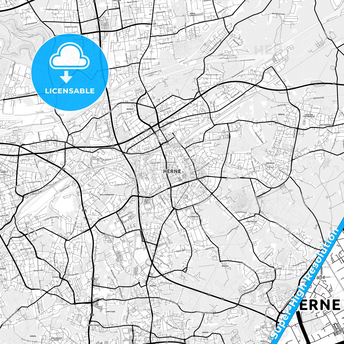 Herne, Germany Light Map with Street Names, City Names, and Districts