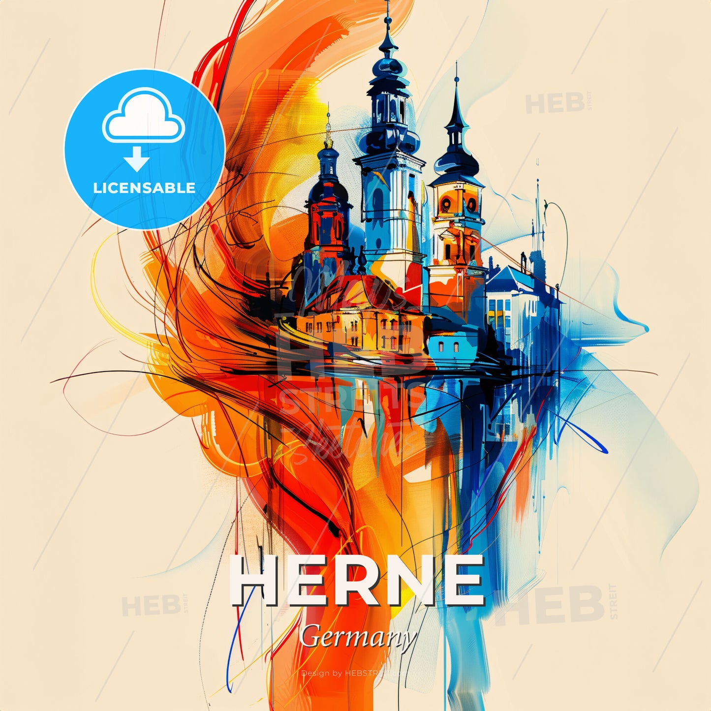 Vibrant Herne, Germany - A Painting Of A Building With Towers And A Colorful Swirl - Square format print template
