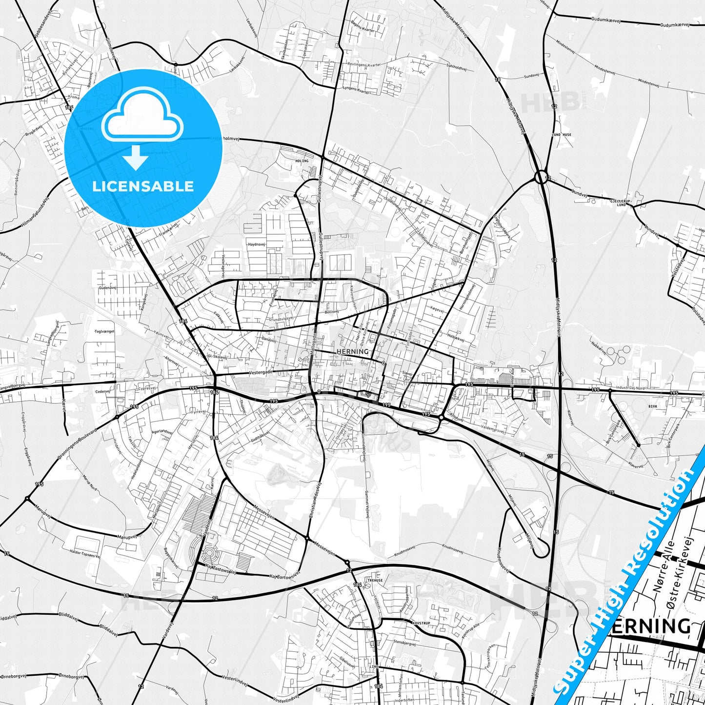 Herning, Denmark Light Map with Street Names, City Names, and Districts