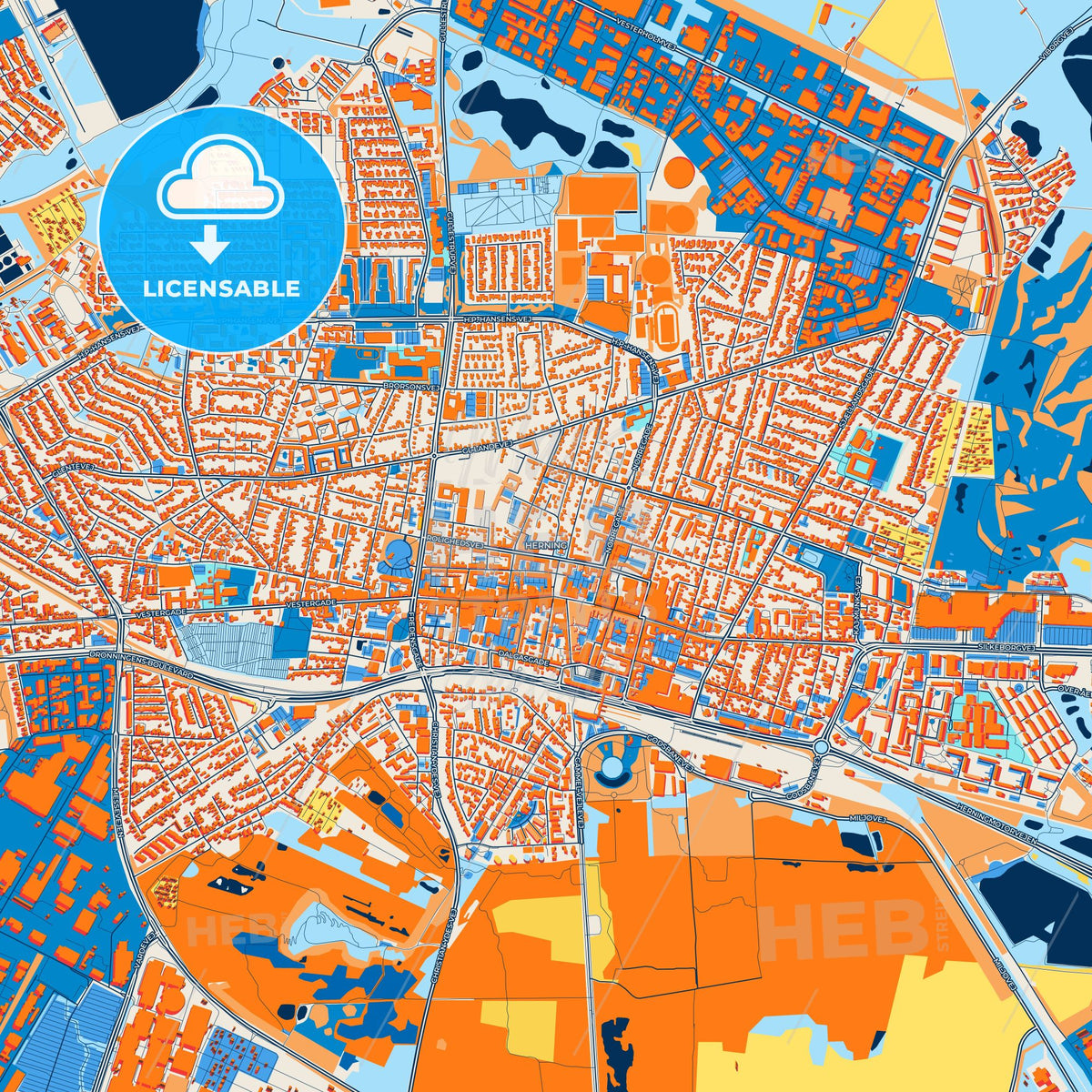 Colorful Herning Street Map with Labels and Buildings