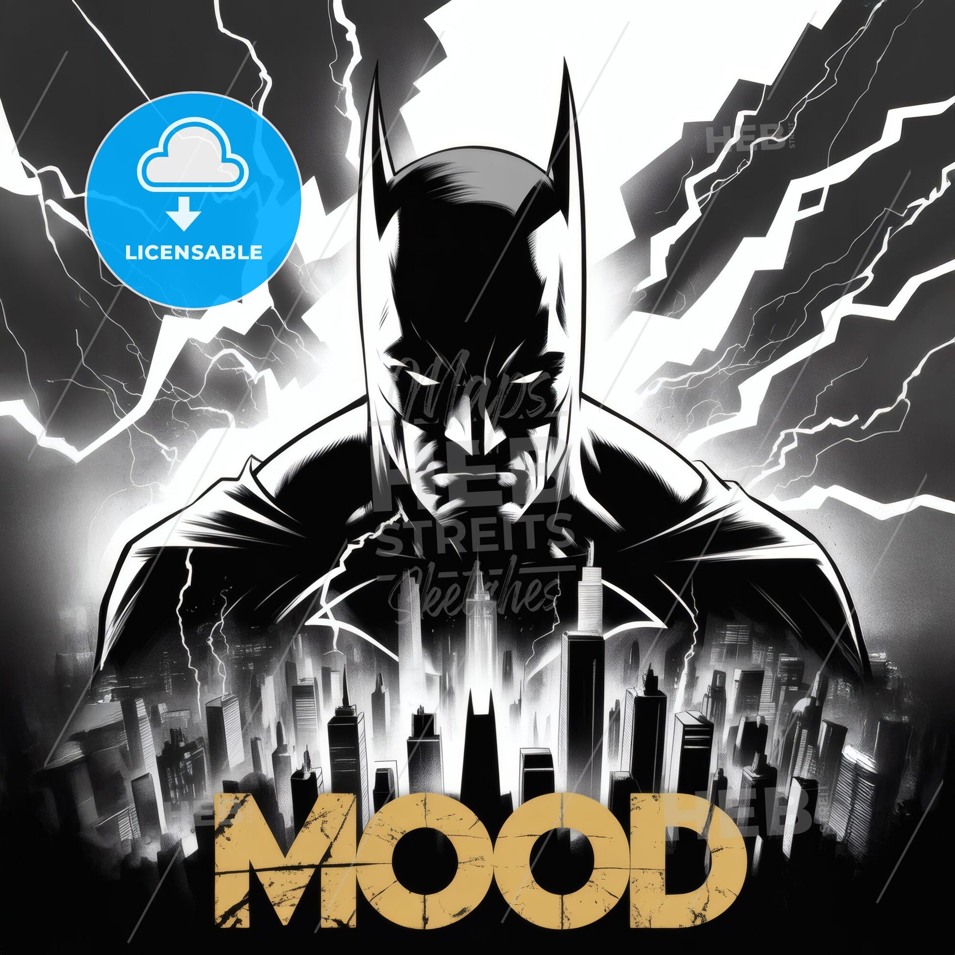 Heroic Atmosphere: A Dark Knight Overlooking a Cityscape with Mysterious Lightning and Dramatic Mood Elements.