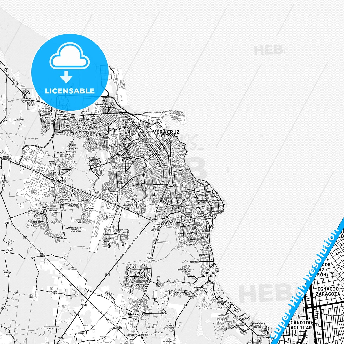 Heroica Veracruz, Mexico light map with streetnames, citynames and districts