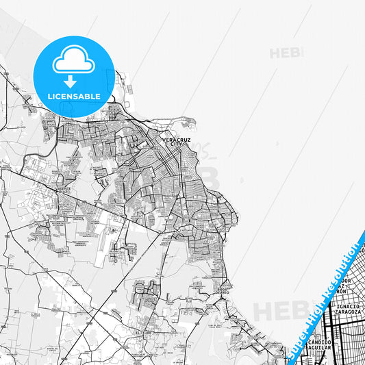 Heroica Veracruz, Mexico light map with streetnames, citynames and districts