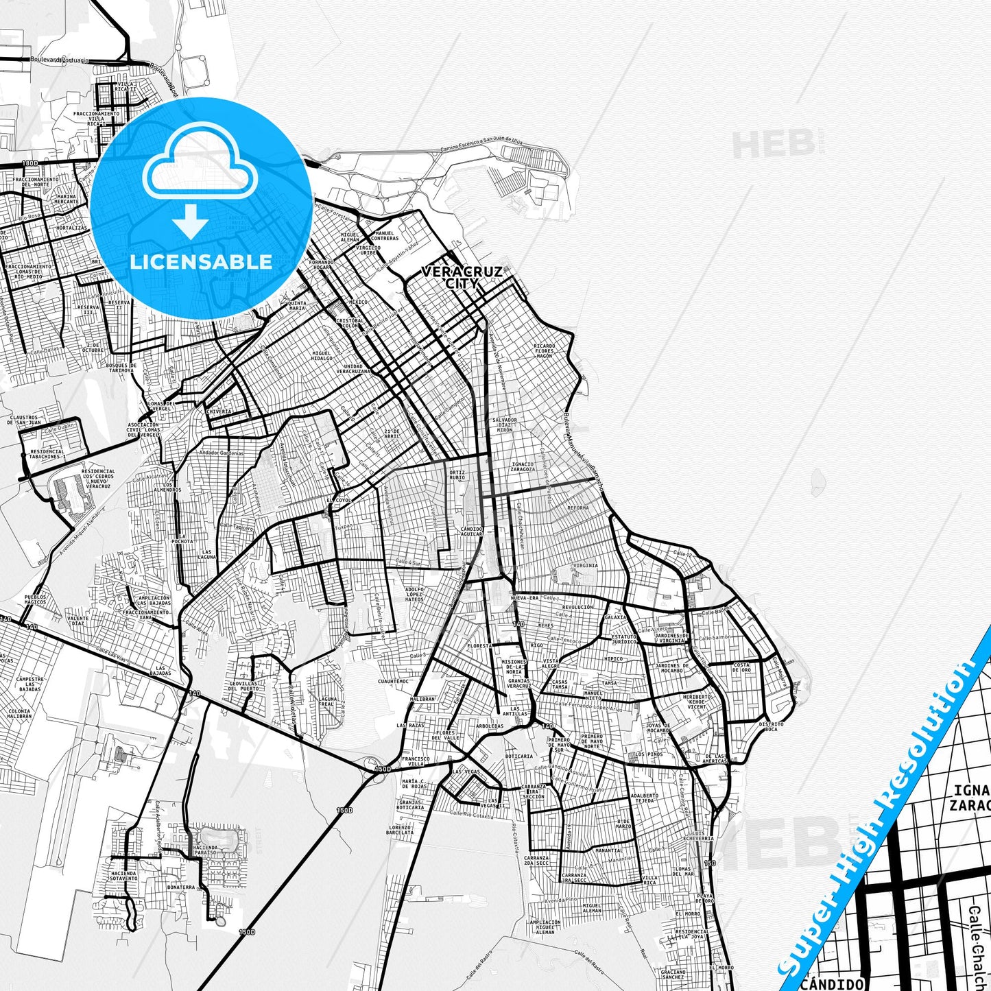 Heroica Veracruz, Mexico Light Map with Street Names, City Names, and Districts