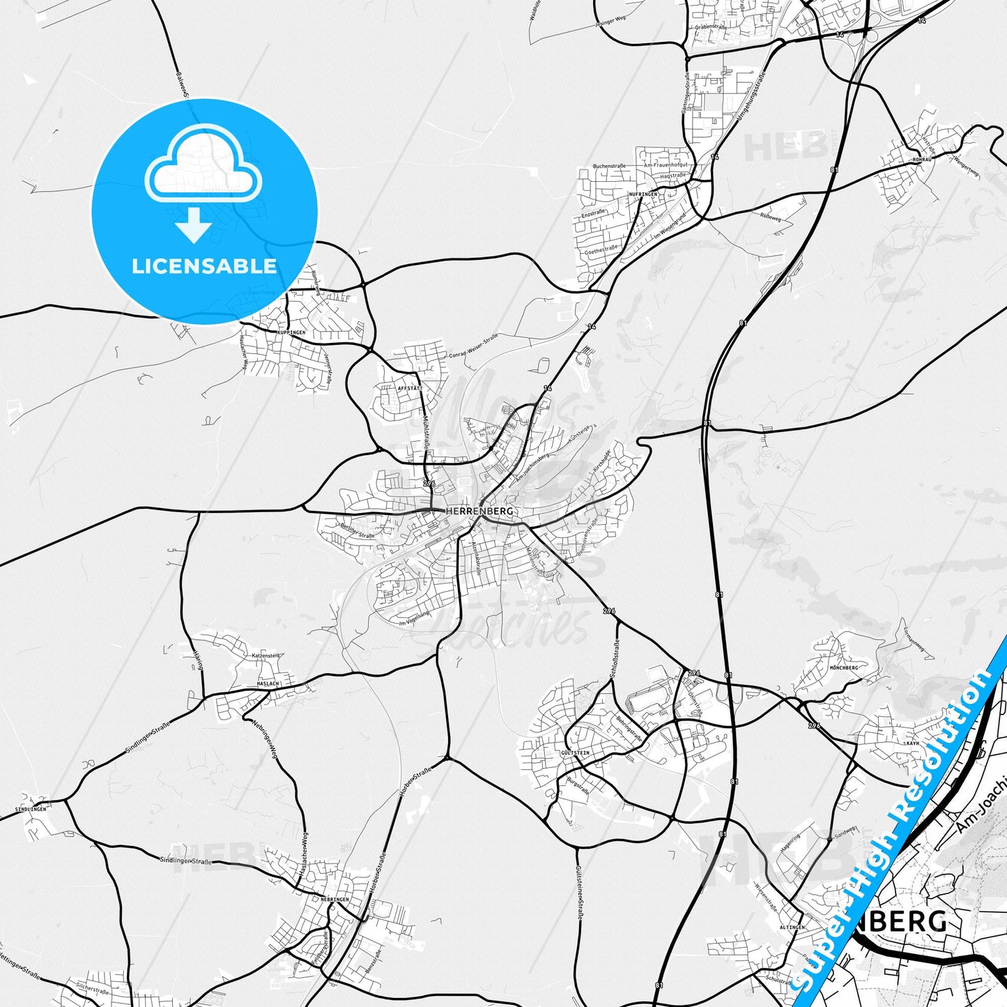 Herrenberg, Germany Light Map with Street Names, City Names, and Districts