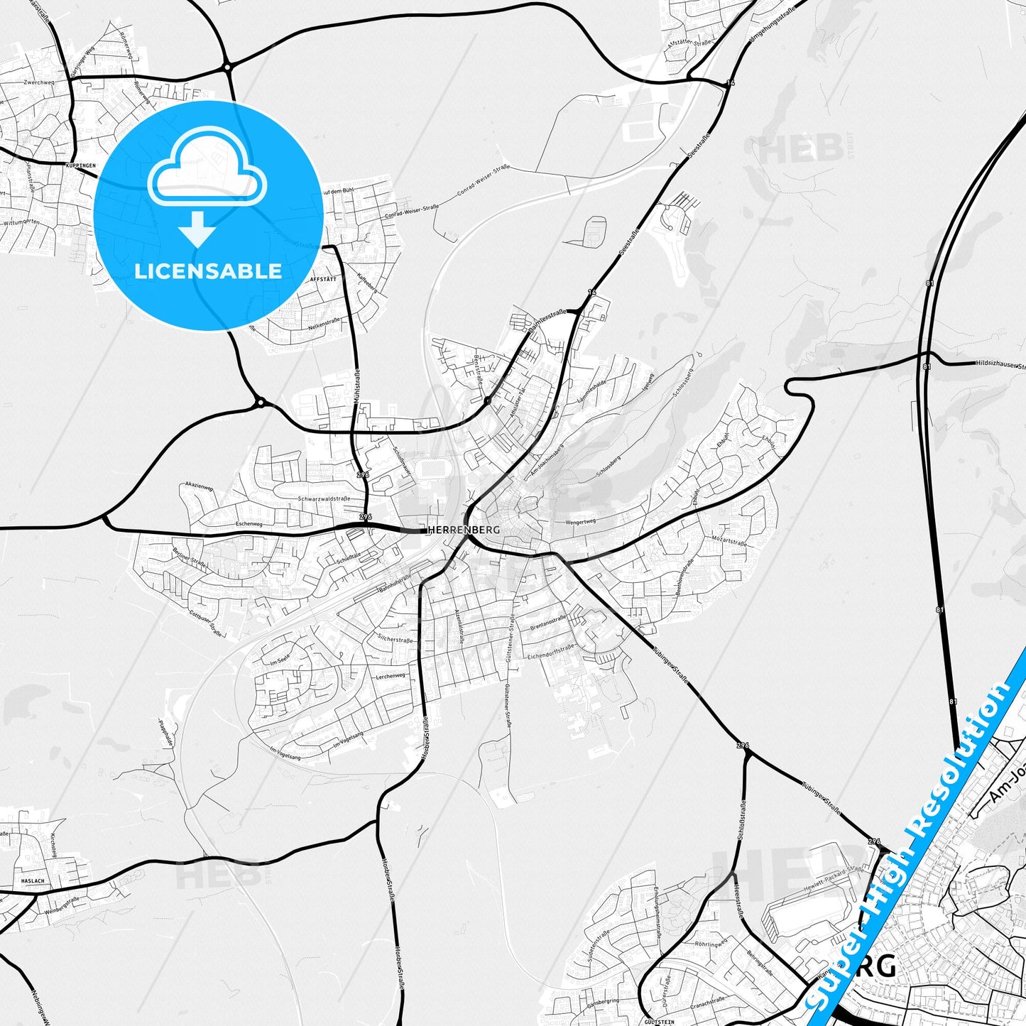 Herrenberg, Germany Light Map with Street Names, City Names, and Districts
