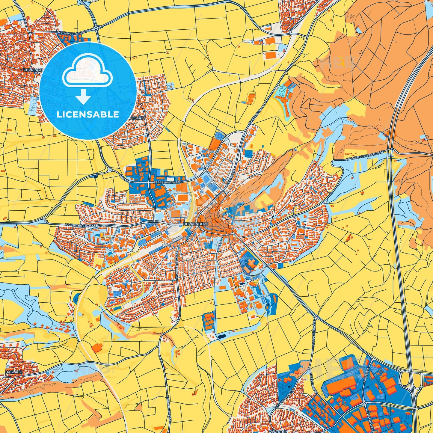 Colorful Herrenberg Street Map with Labels and Buildings