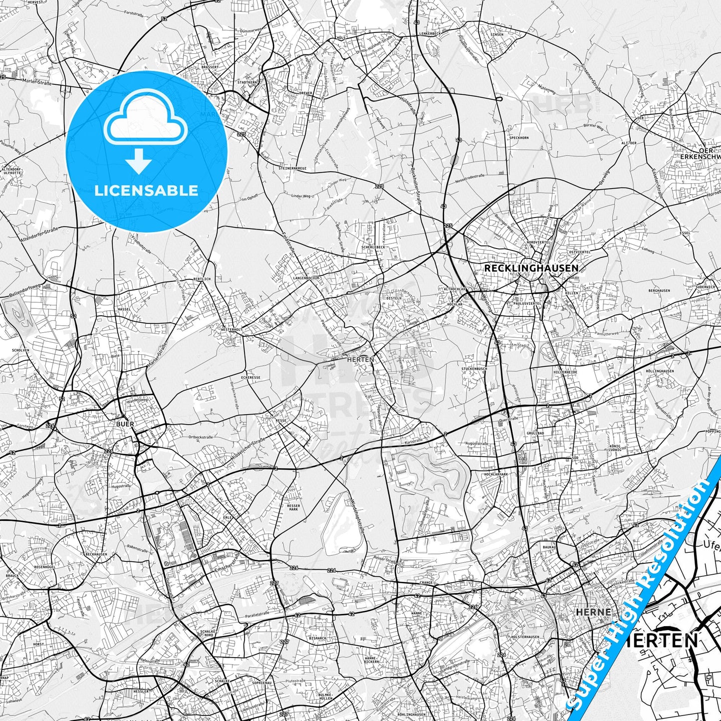 Herten, Germany light map with streetnames, citynames and districts