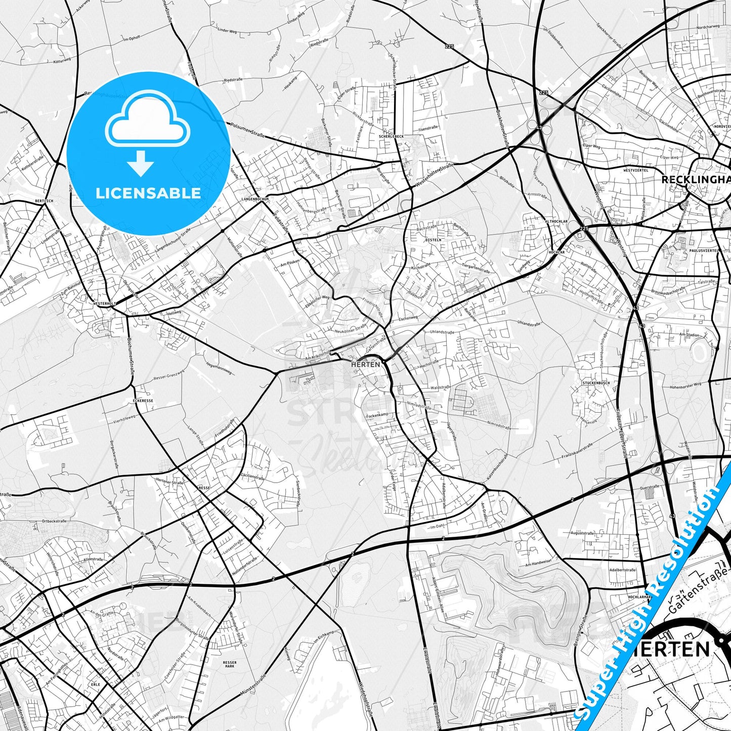 Herten, Germany Light Map with Street Names, City Names, and Districts