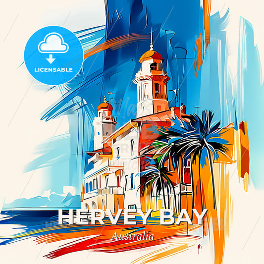 Vibrant Hervey Bay, Australia - A Painting Of A Building With Palm Trees - Square format print template