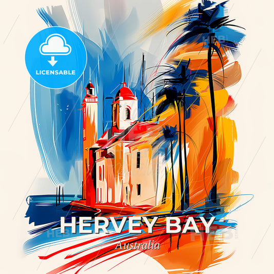 Vibrant Hervey Bay, Australia - A Painting Of A Building With Palm Trees - Square format print template