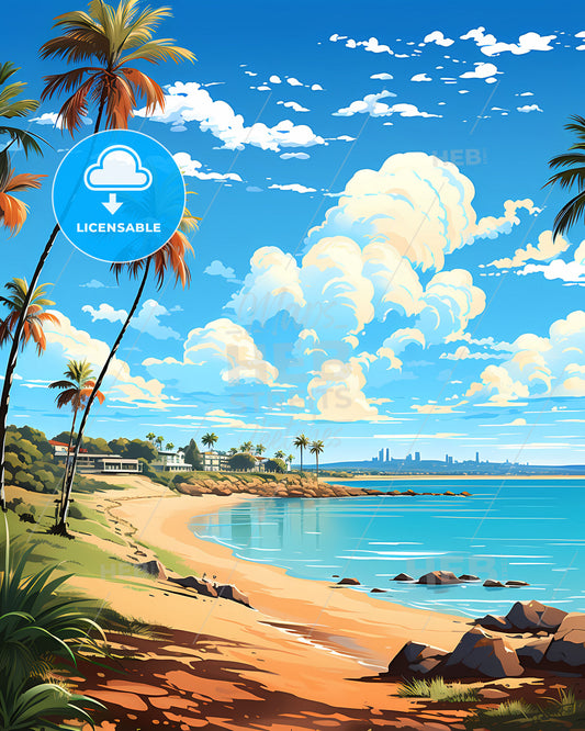 Artistic Beach Skyline of Hervey Bay Australia with Palm Trees and Rocks