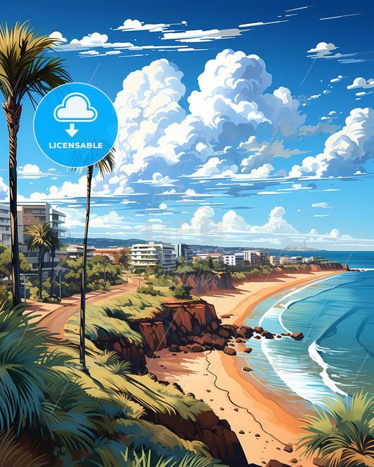 Vibrant Beach Skyline Artwork: Hervey Bay Australia with Palm Trees and Buildings