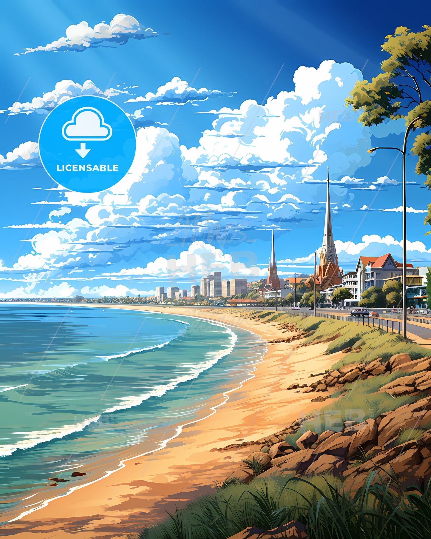 Hervey Bay Skyline - Artistic Beach Scene with Buildings over Water