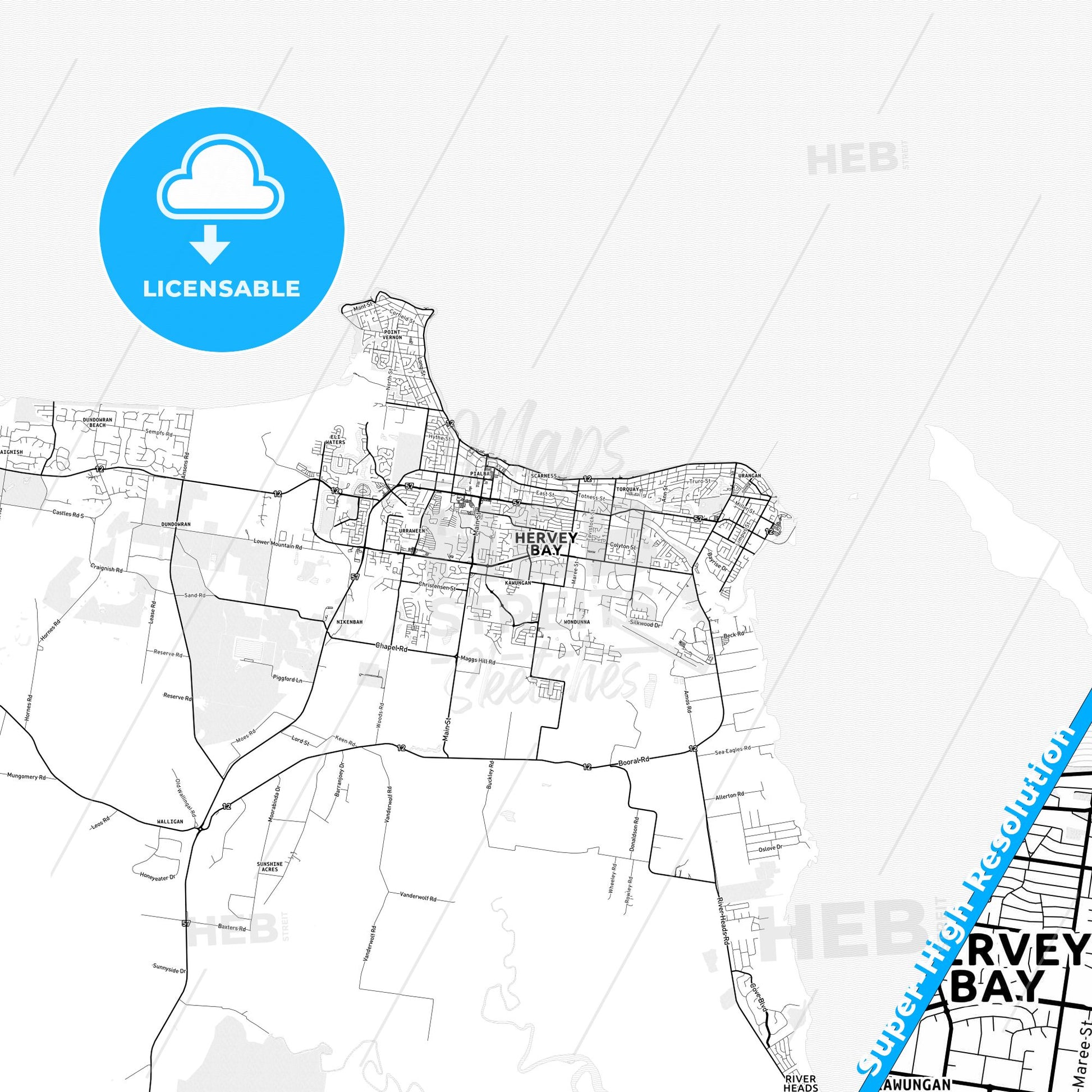 Hervey Bay, Australia light map with streetnames, citynames and districts