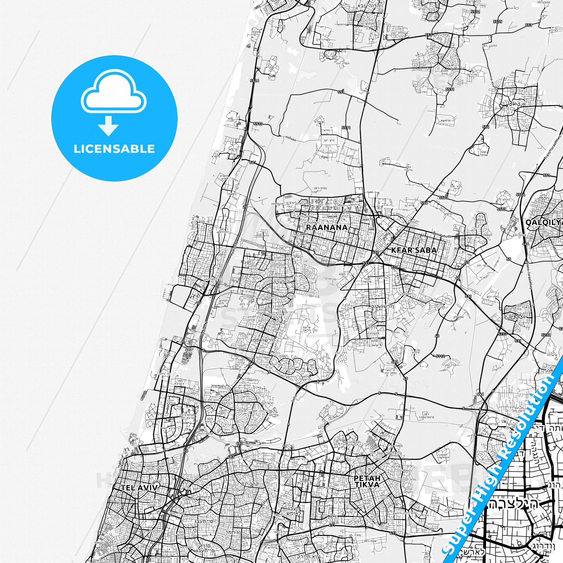 Herzliya, Israel light map with streetnames, citynames and districts