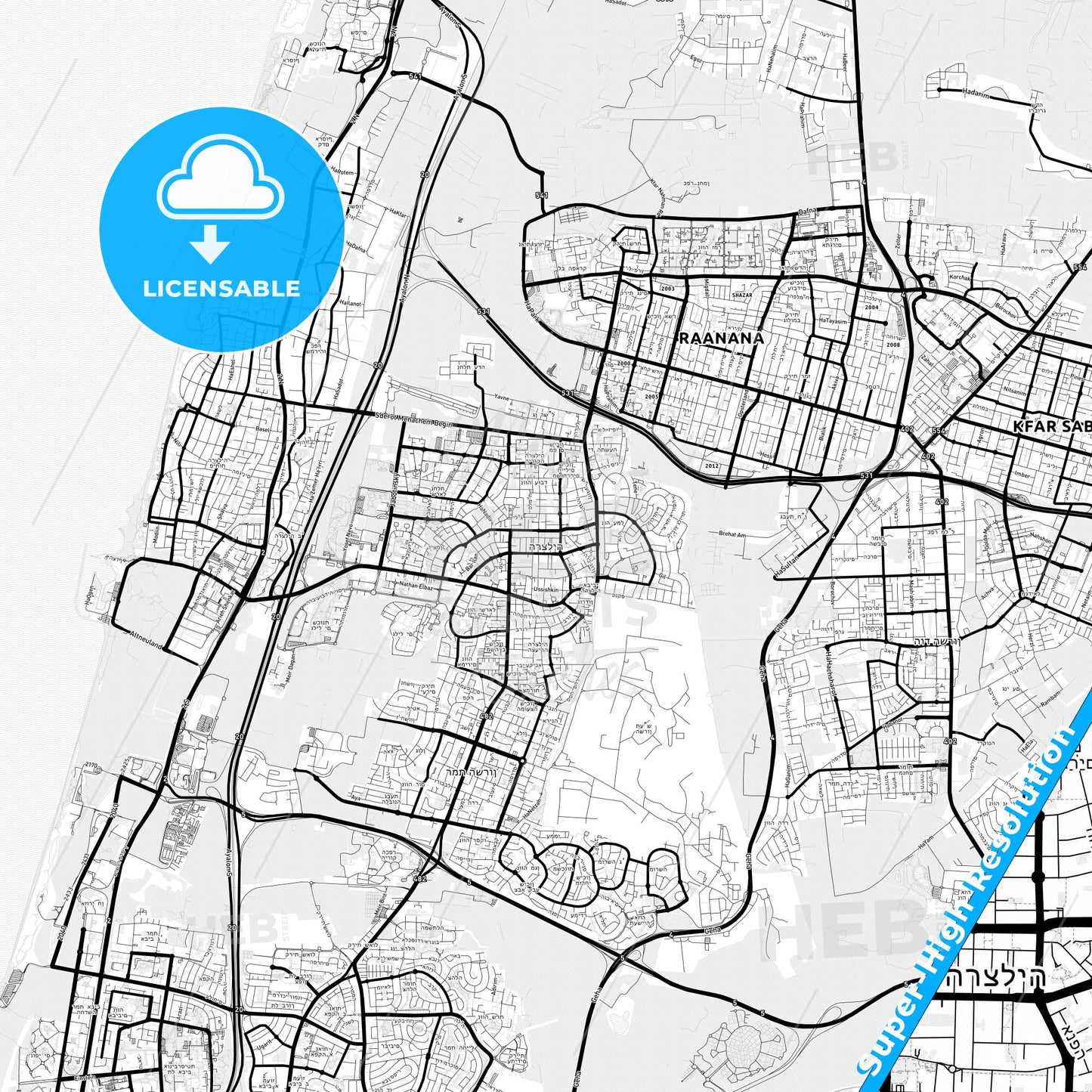 Herzliya, Israel Light Map with Street Names, City Names, and Districts