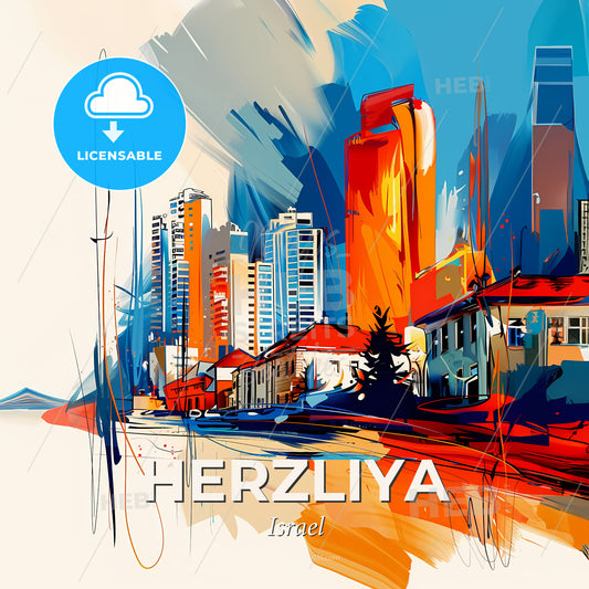 Vibrant Herzliya, Israel - A Painting Of A City - Square format print template