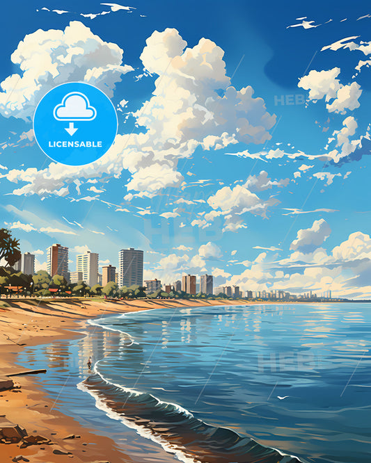 Herzliya Beach and City Panorama Cityscape Art Painting Israel Skyline Mediterranean
