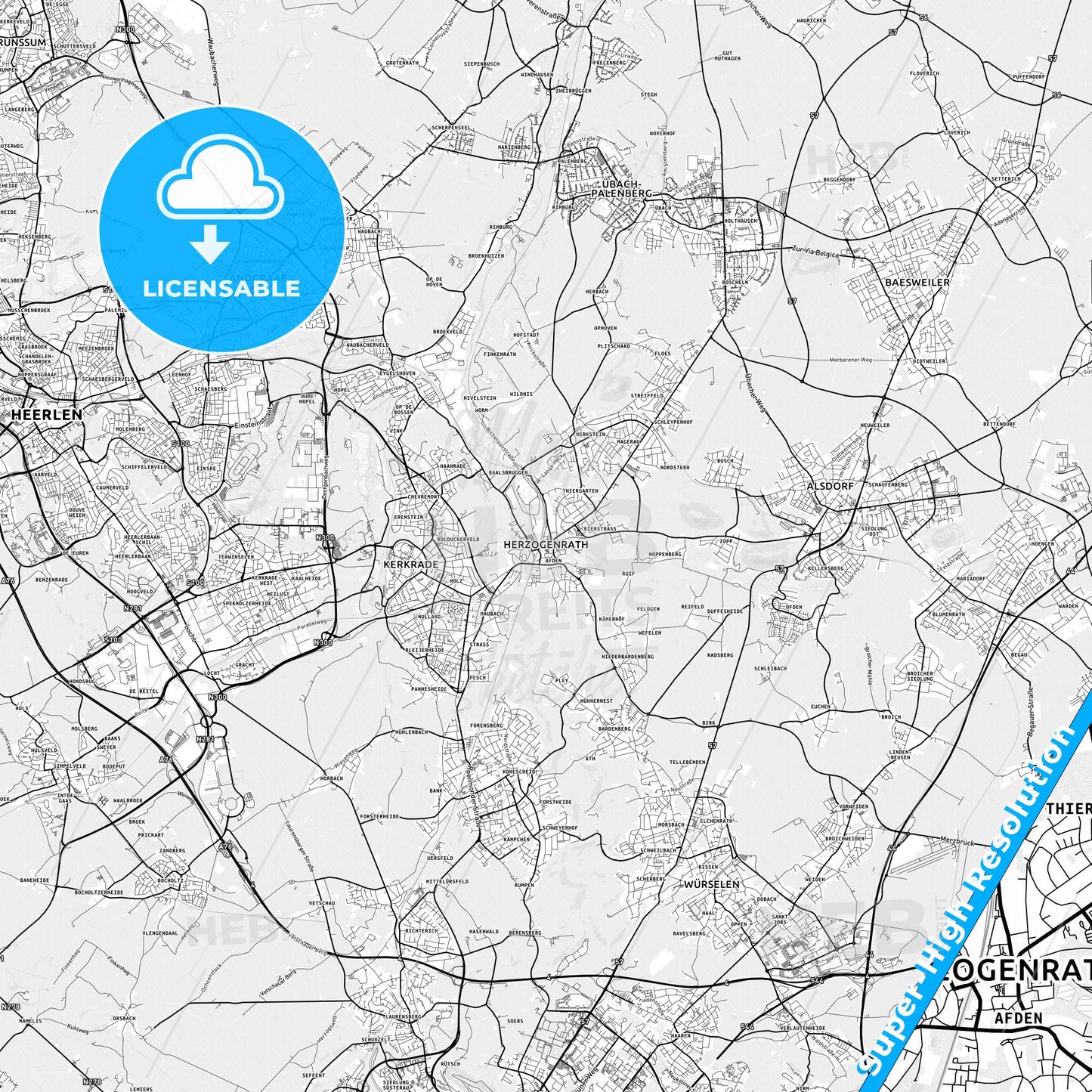 Herzogenrath, Germany light map with streetnames, citynames and districts