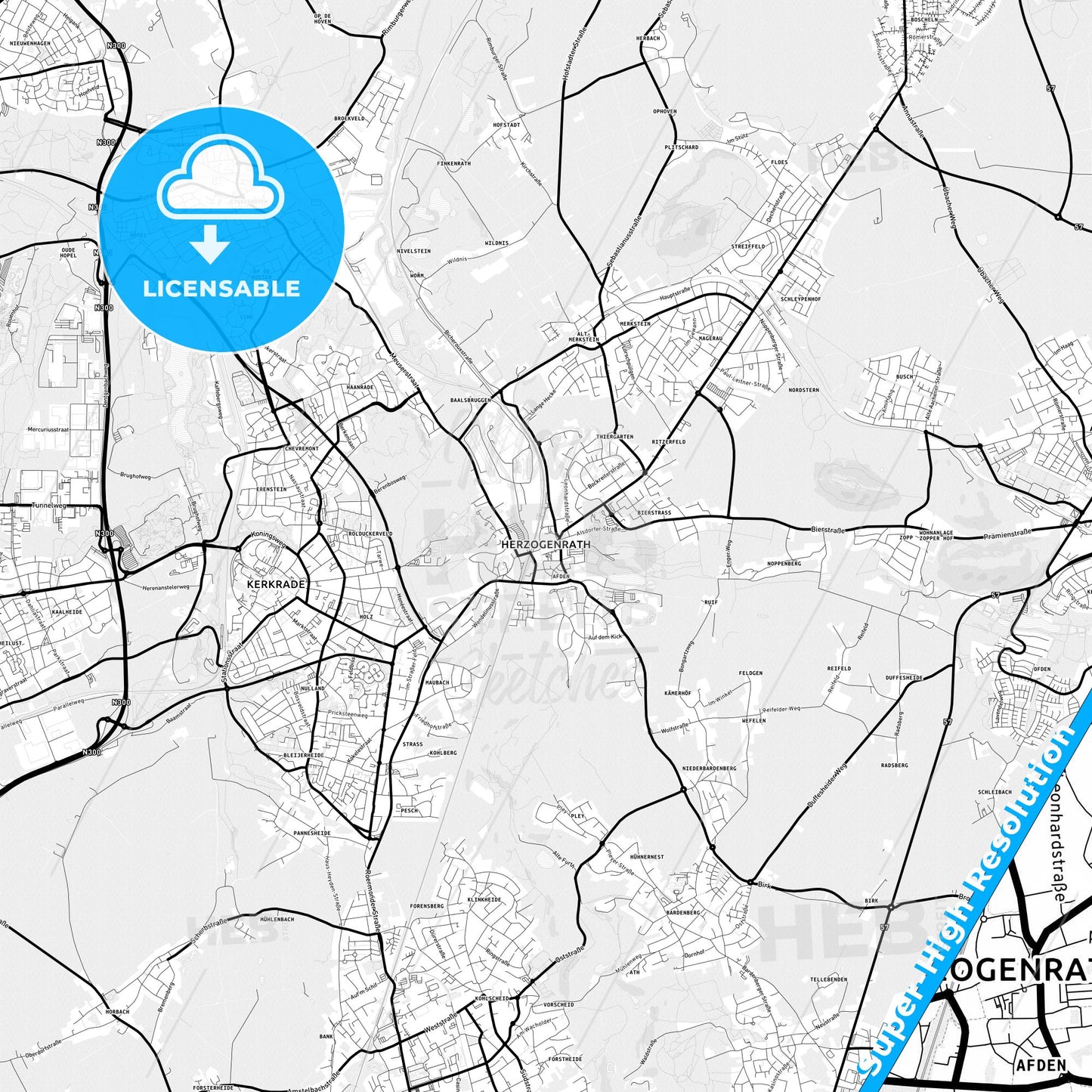 Herzogenrath, Germany Light Map with Street Names, City Names, and Districts