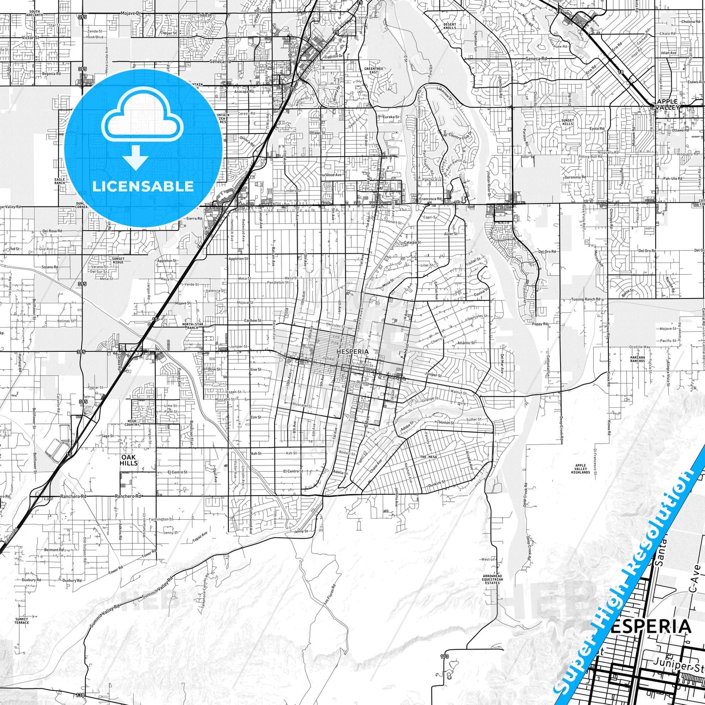 Hesperia, California light map with streetnames, citynames and districts