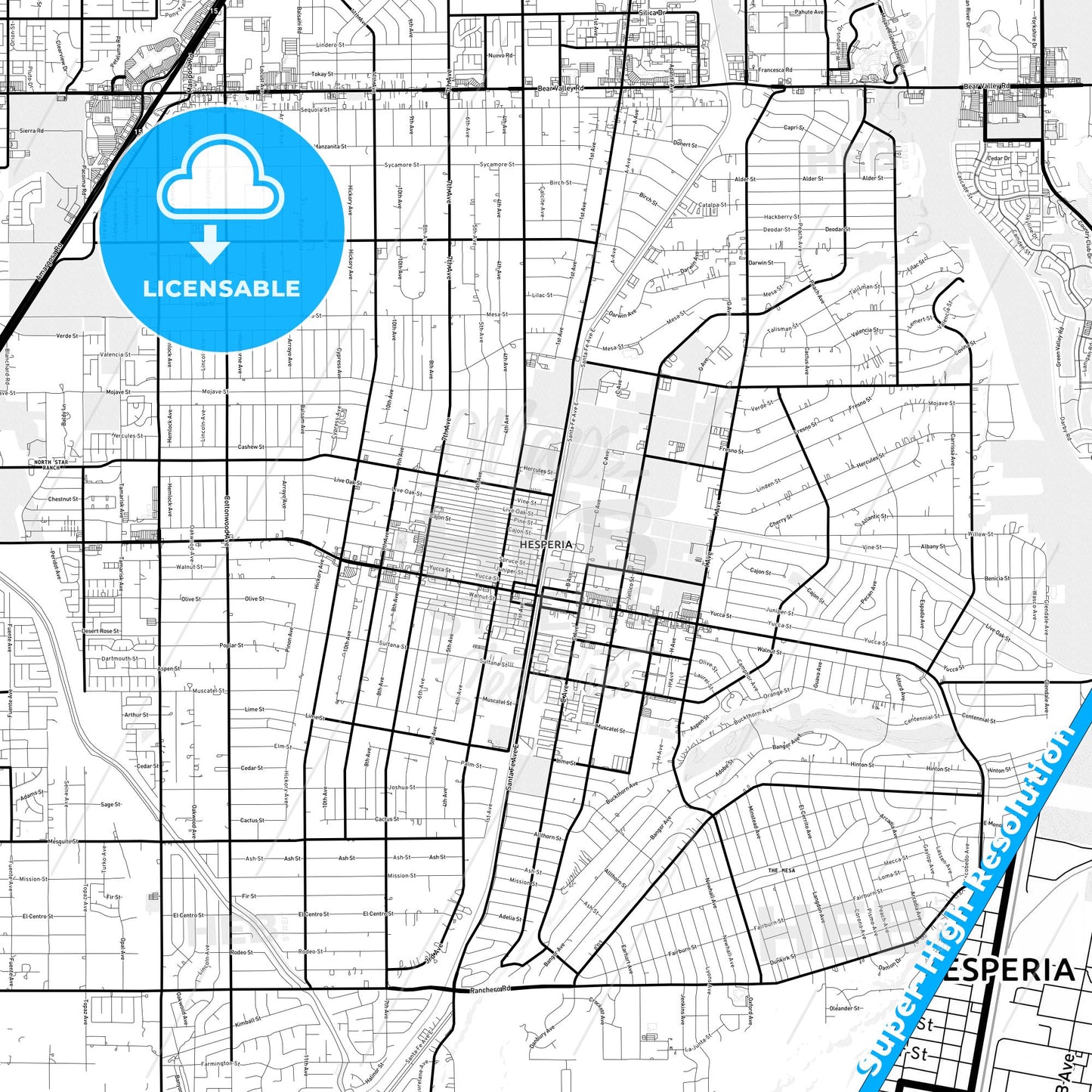 Hesperia, California Light Map with Street Names, City Names, and Districts