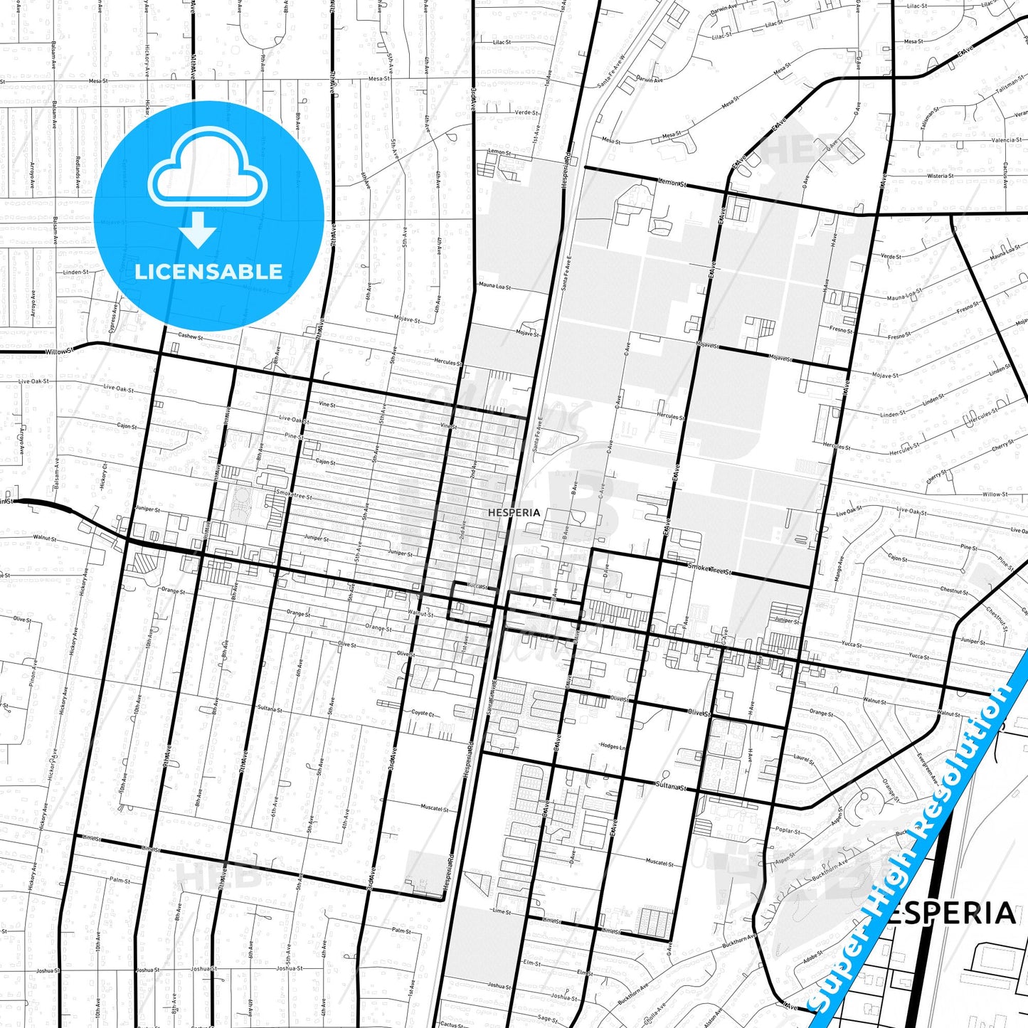 Hesperia, California Light Map with Street Names, City Names, and Districts