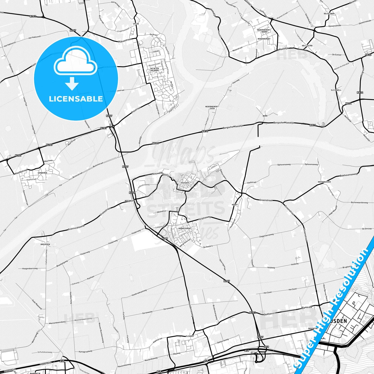 Heusden, Netherlands Light Map with Street Names, City Names, and Districts
