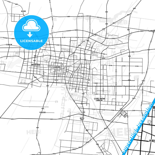 Heze, China light map with streetnames, citynames and districts