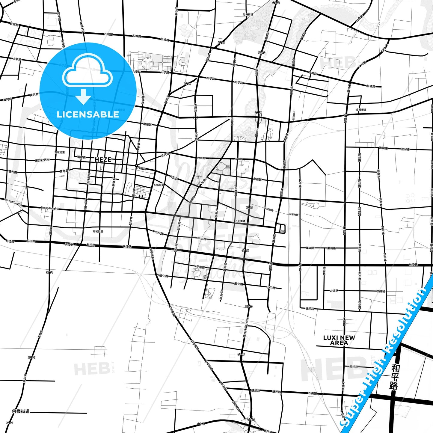 Heze, China Light Map with Street Names, City Names, and Districts