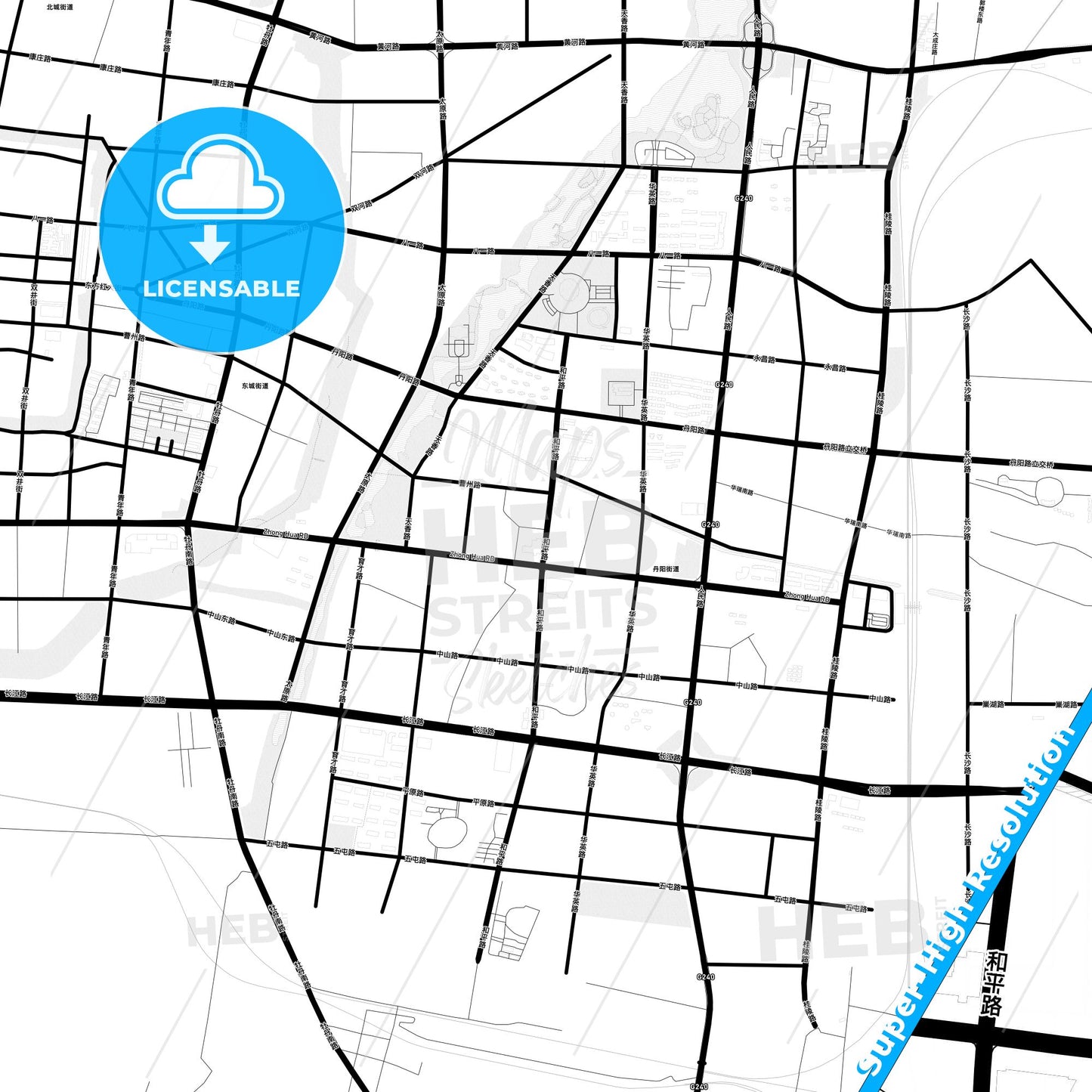 Heze, China Light Map with Street Names, City Names, and Districts