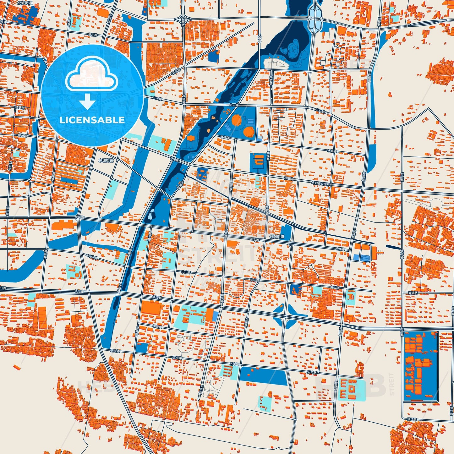 Colorful Heze Street Map with Labels and Buildings