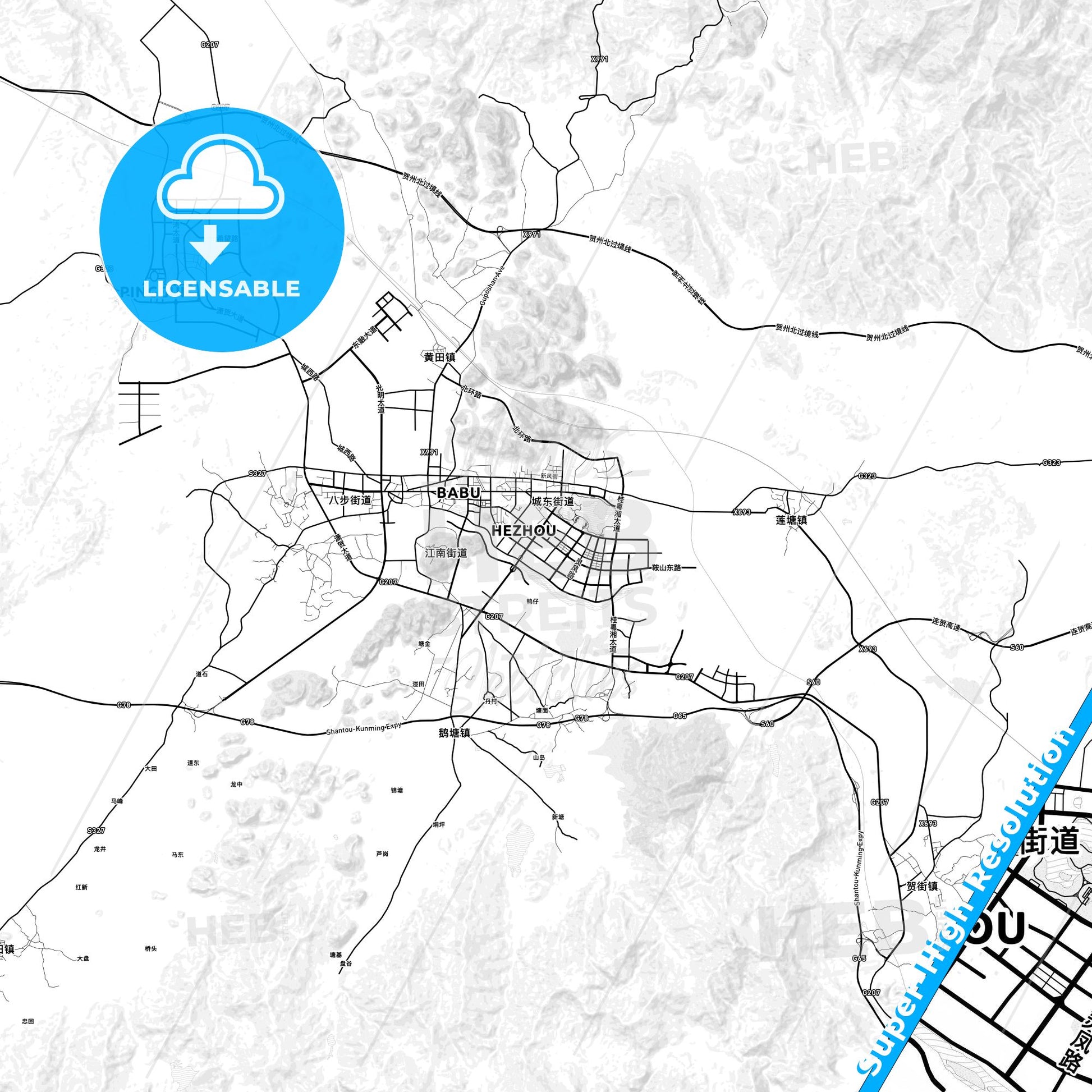 Hezhou, China light map with streetnames, citynames and districts