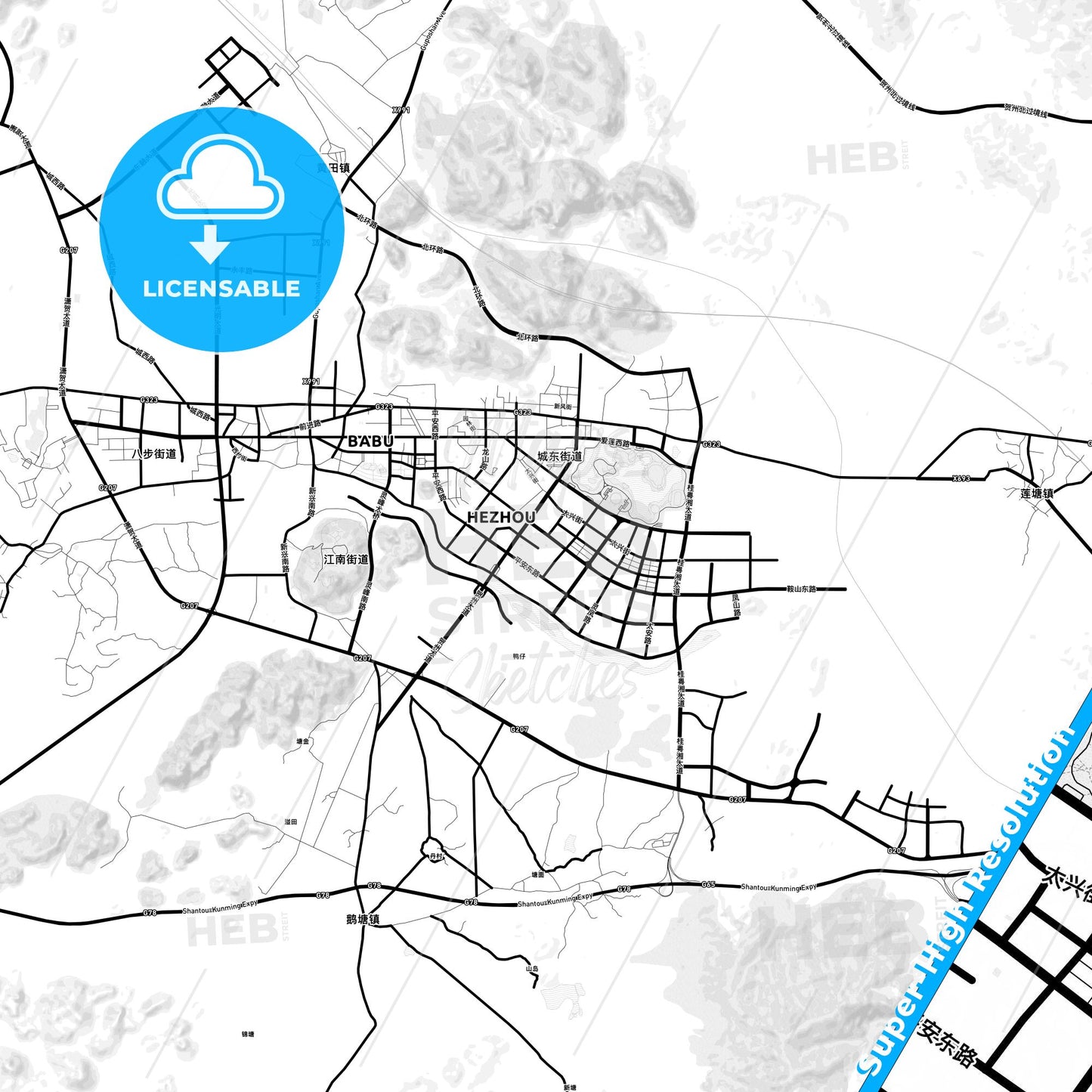 Hezhou, China Light Map with Street Names, City Names, and Districts