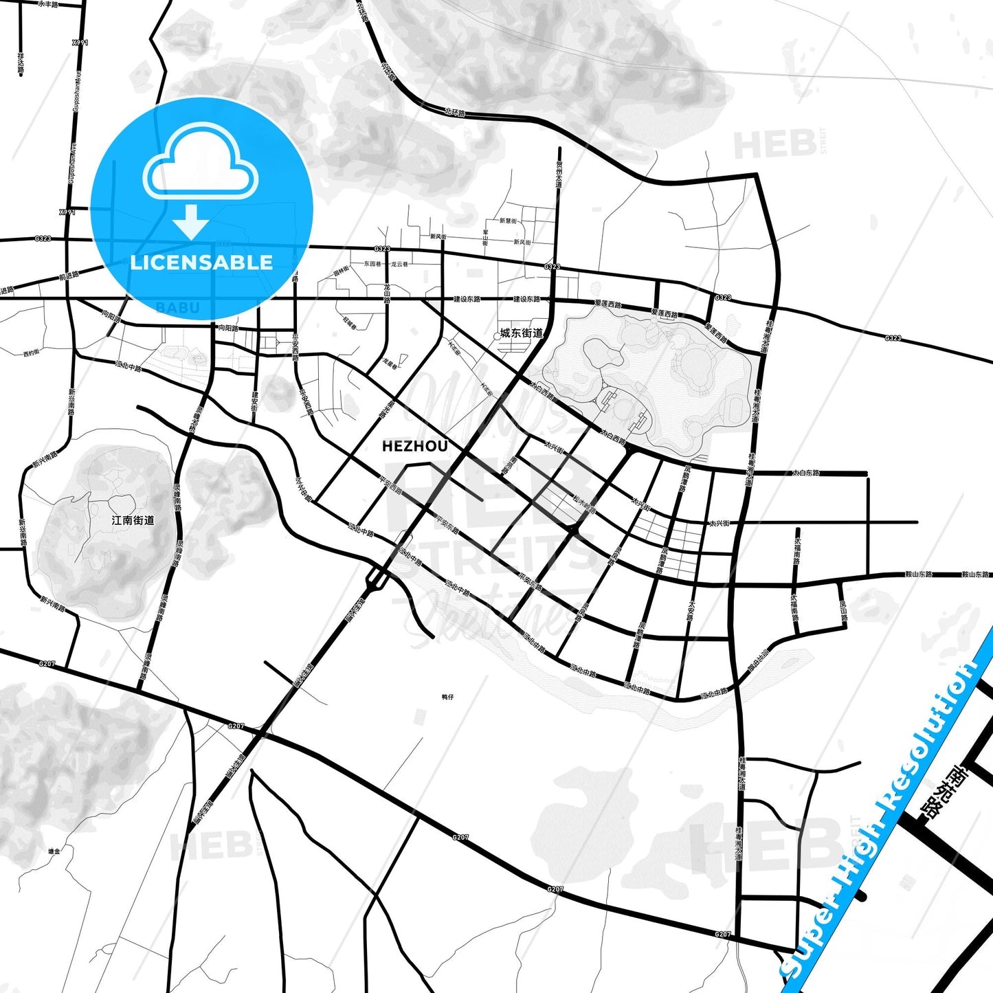Hezhou, China Light Map with Street Names, City Names, and Districts