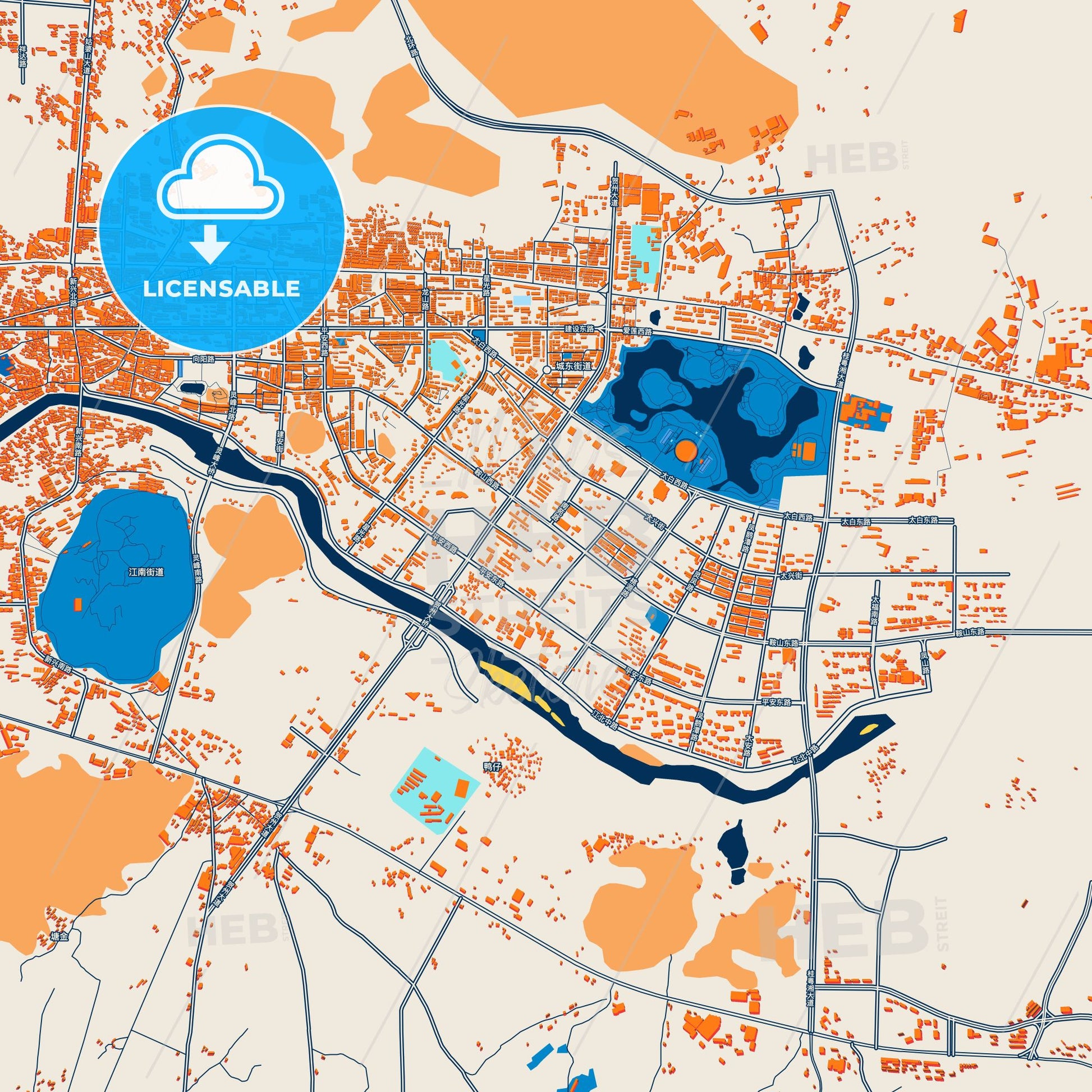Colorful Hezhou Street Map with Labels and Buildings