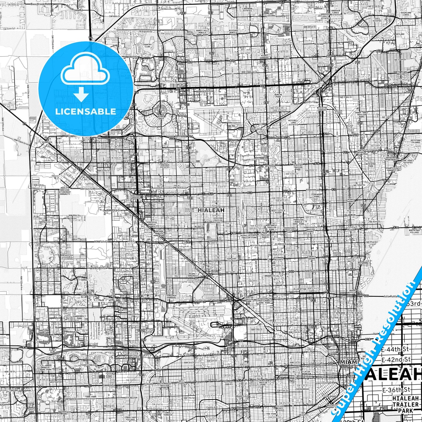 Hialeah, Florida light map with streetnames, citynames and districts