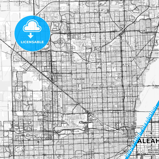 Hialeah, Florida light map with streetnames, citynames and districts