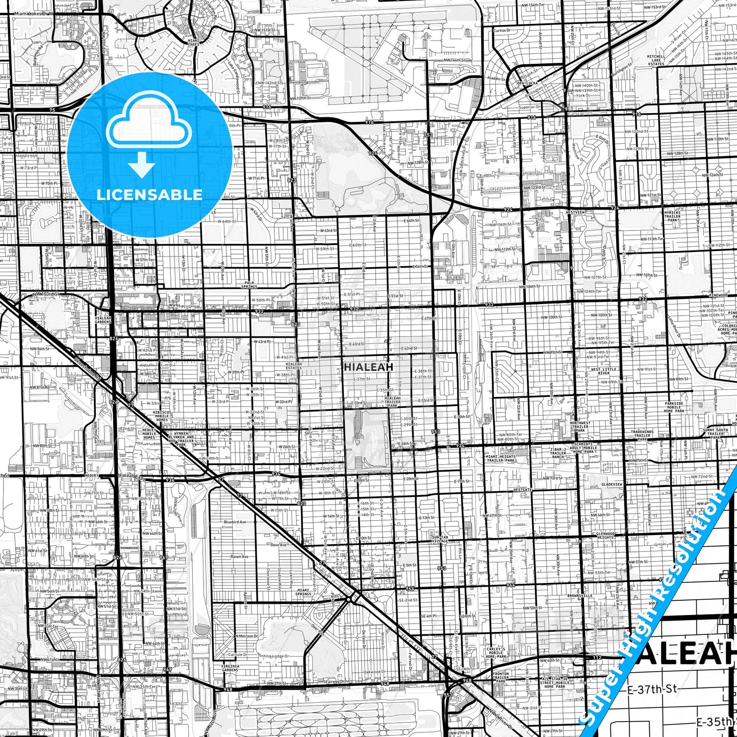 Hialeah, Florida Light Map with Street Names, City Names, and Districts