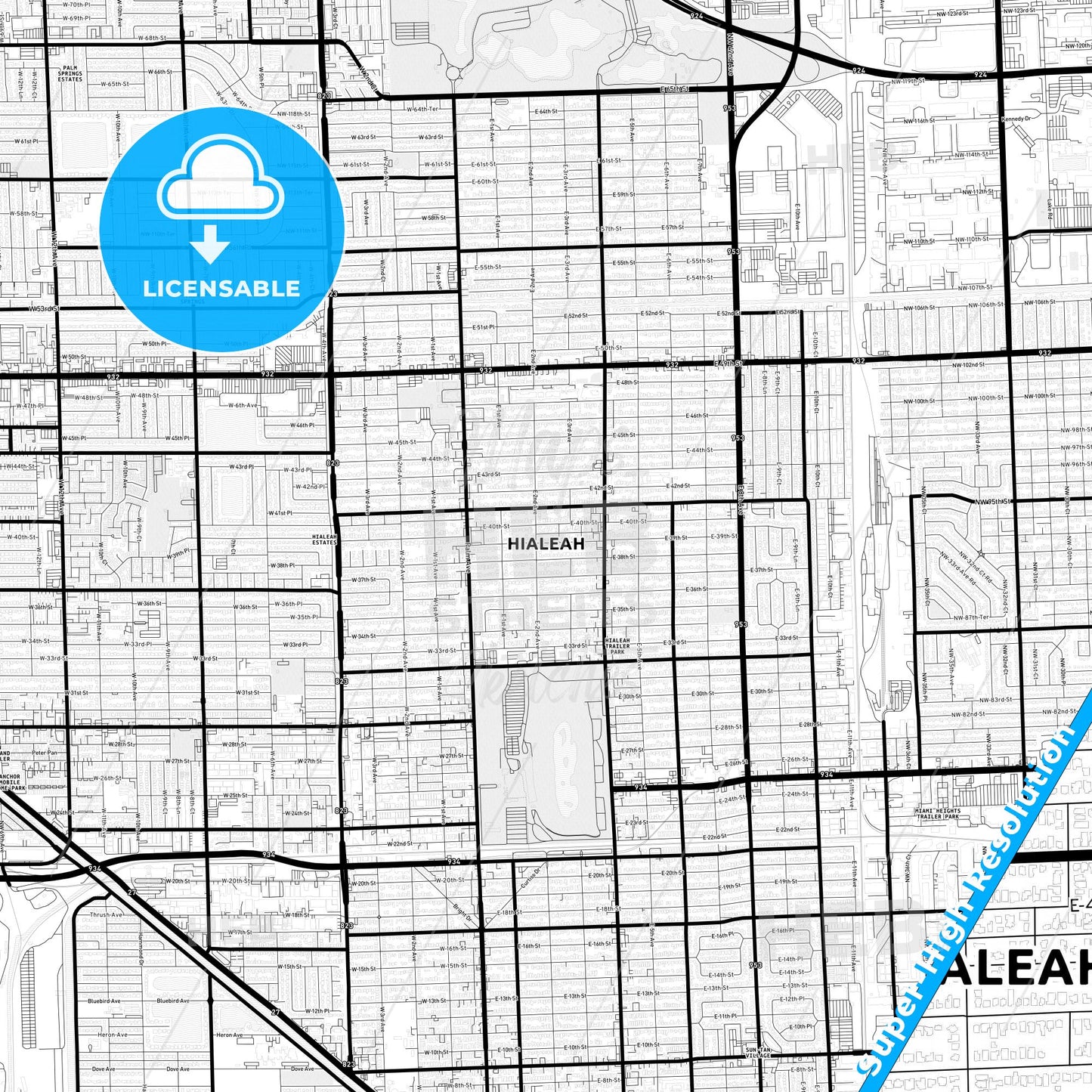 Hialeah, Florida Light Map with Street Names, City Names, and Districts