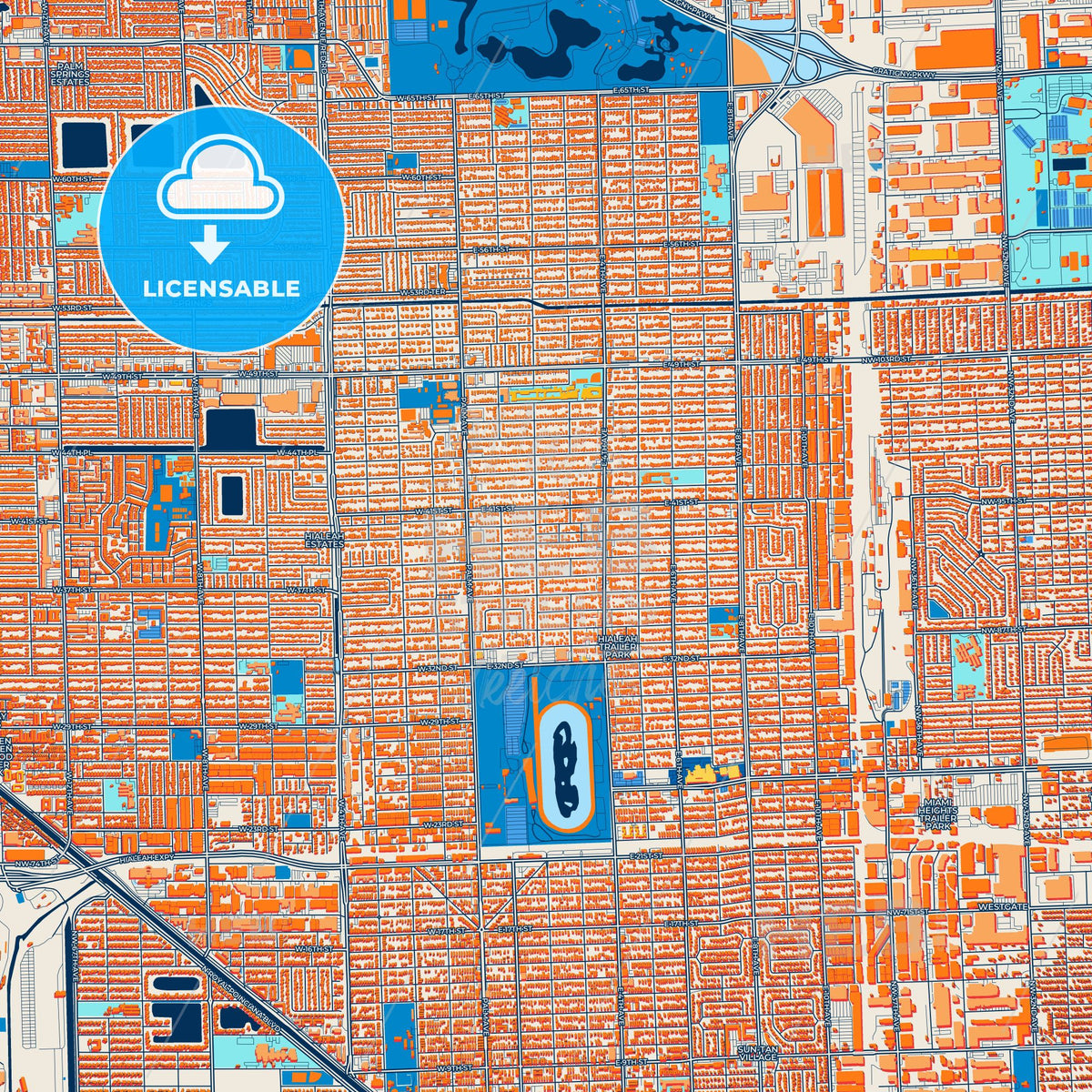 Colorful Hialeah Street Map with Labels and Buildings