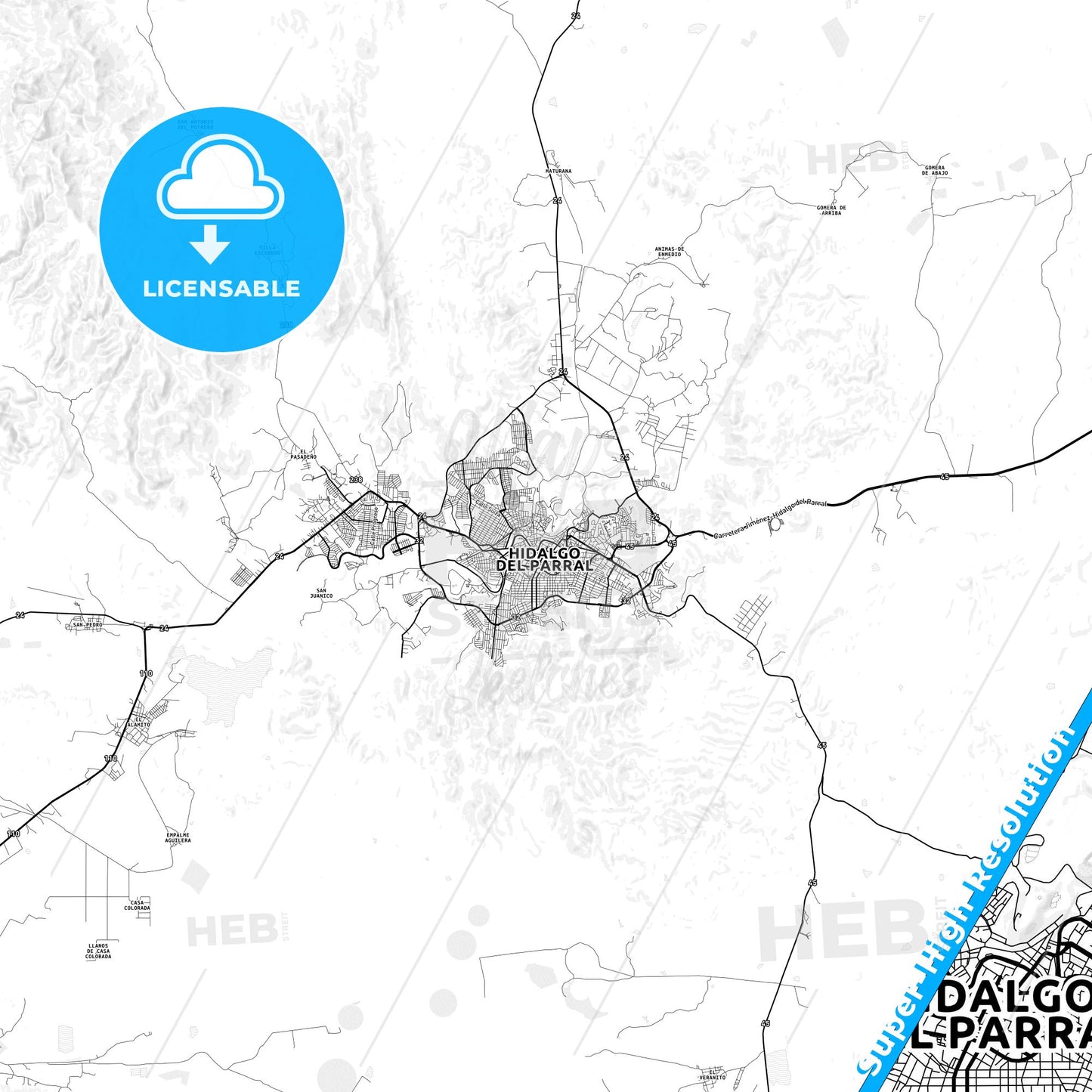 Hidalgo del Parral, Mexico light map with streetnames, citynames and districts