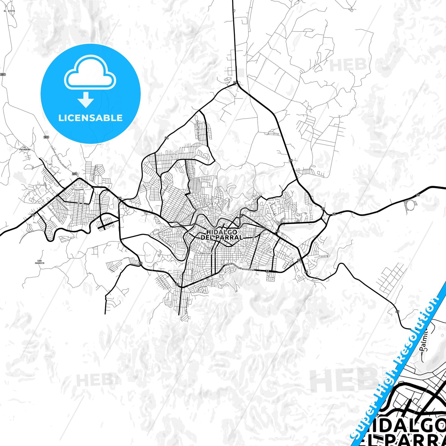 Hidalgo del Parral, Mexico Light Map with Street Names, City Names, and Districts