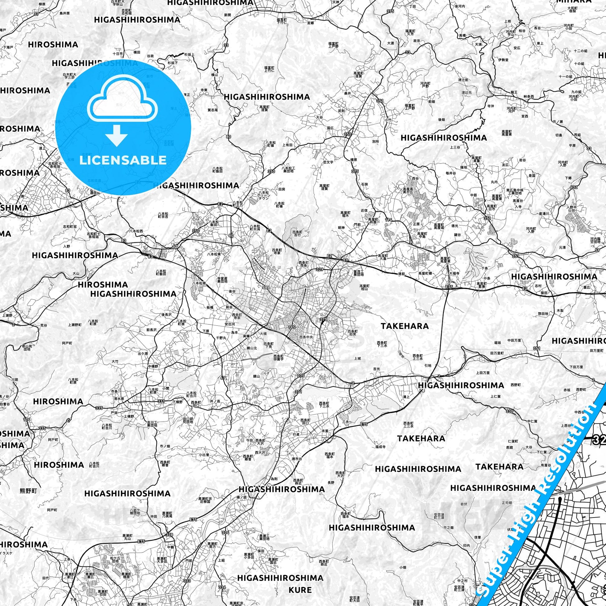Higashihiroshima, Japan light map with streetnames, citynames and districts