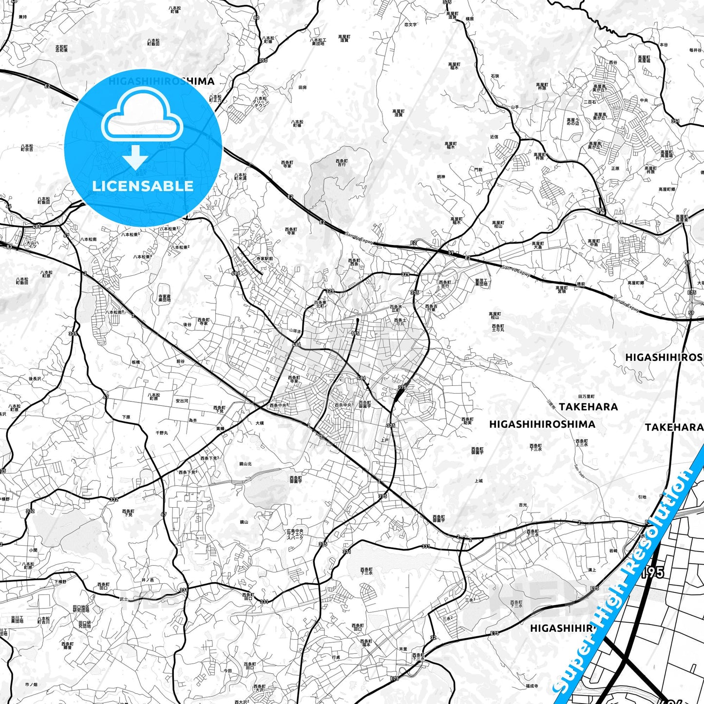 Higashihiroshima, Japan Light Map with Street Names, City Names, and Districts