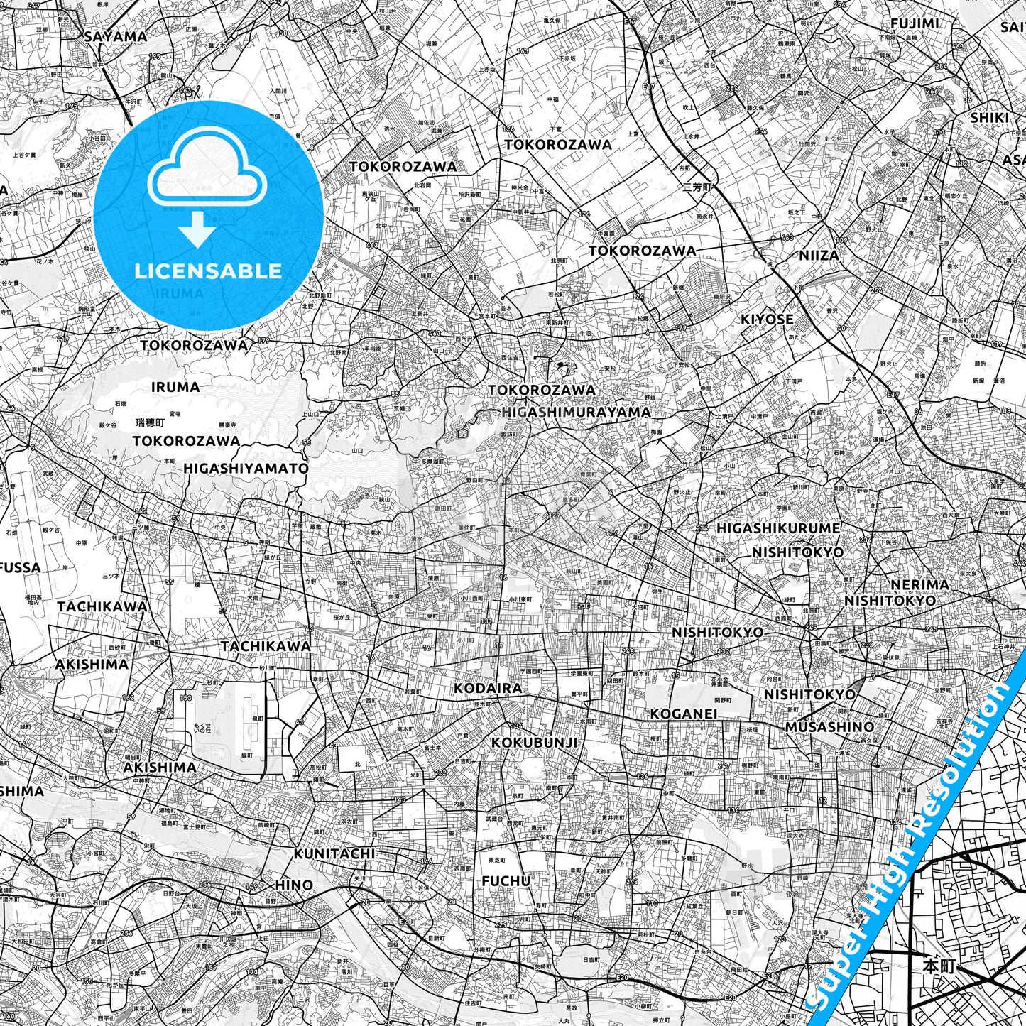 Higashimurayama, Japan light map with streetnames, citynames and districts